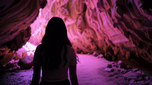 Silhouette of person walking into a cavern illuminated by purple light