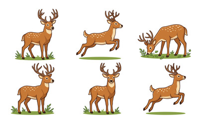 Spotted deer cartoon vector illustration set. Buck, stag, antlers, wildlife animal, nature forest, jumping, standing, running, grazing and safari mammal poses. © Creative Studio 