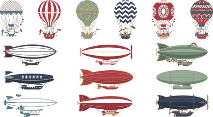 Vintage Vintage Hot Air Balloon and Steampunk Airship Zeppelin Vector Set with Retro Aviation Aircraft Elements for Travel Poster and Fantasy Graphic Designs © BijoyChandra
