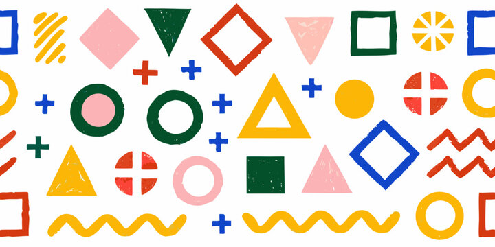 hand drawn geometric shapes on white background triangles circles squares diamonds zigzag plus signs pattern vector illustration