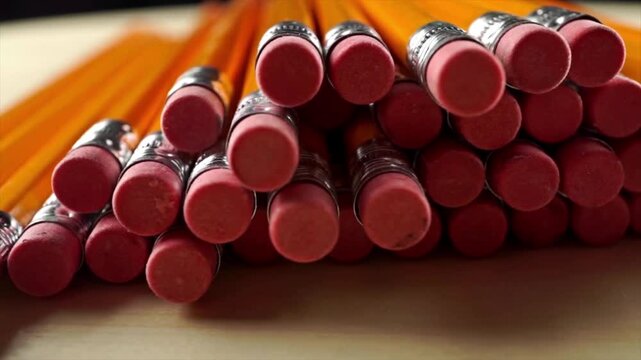 Close up of yellow wooden pencils with pink erasers stacked together on desk, education stationery supplies, school office writing tools in 4k video