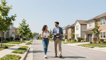 Obraz premium Residential street real estate agent young adult man woman walking talking clipboard tablet suburban house neighborhood sidewalk driveway lawn tree clear sky sunny day home sale property housing