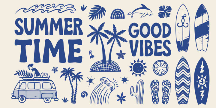 summer surf and beach illustration vintage style palm tree surfboard caravan flip flops sun waves dolphin vector
