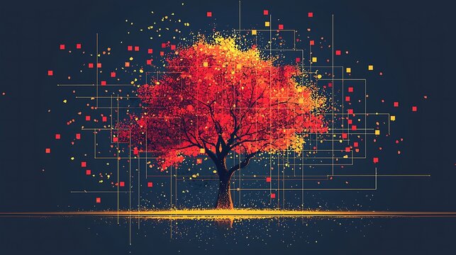 Tree of Knowledge and Growth: A vibrant, stylized tree with fiery red and golden leaves stands as a symbol of growth and knowledge.