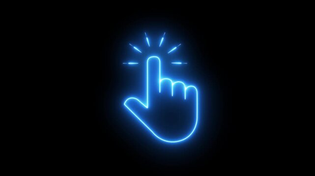 Glowing neon hand mouse cursor icon on black background. hand cursor with click and accent. Mouse pointer hand click mouse cursor, click animation, pointer, UI, UX, web overlay interface, 