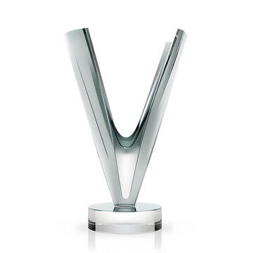 Futuristic Glass Victory Trophy with Abstract Curved Design on White Background, Ultra Realistic 3D Sports Award with Elegant Reflective Surface