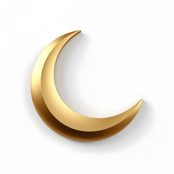 Islamic crescent Muharram 3D object on white plain background, elegant gold crescent with smooth matte finish and modern minimalist style