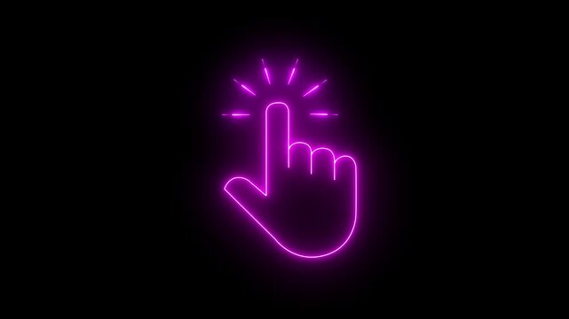 Glowing neon hand mouse cursor icon on black background. hand cursor with click and accent. Mouse pointer hand click mouse cursor, click animation, pointer, UI, UX, web overlay interface, 