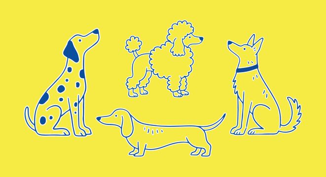 Line art illustration of dalmatian poodle dachshund and terrier type dogs on yellow