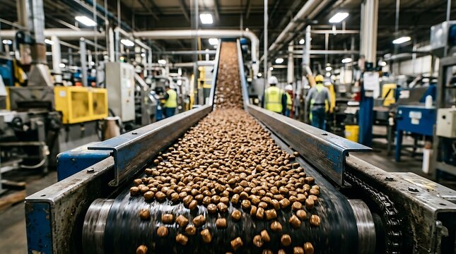Industrial conveyor belt in a pet food manufacturing plant carrying brown kibble