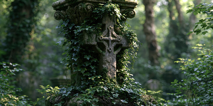 Ancient Stone Column with Celtic Cross in Lush Forest
