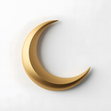 Islamic crescent Muharram 3D object on white plain background, elegant gold crescent with smooth matte finish and modern minimalist style