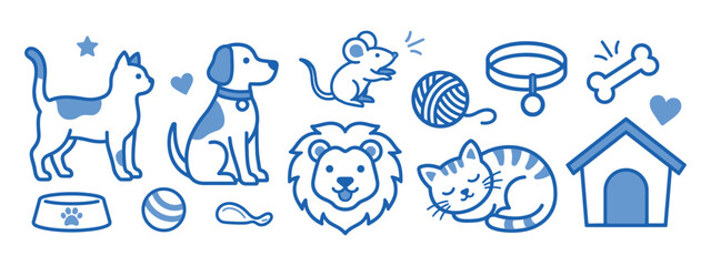 Pet Supplies And Animals A Collection Of Blue Line Illustrations feline © mdsaikat
