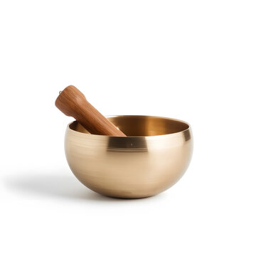 Meditation singing bowl 3D object on white plain background, polished bowl with wooden striker and elegant minimalist finish