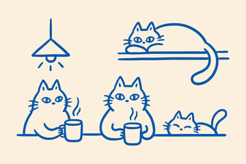 Line art illustration of cats with mugs and a hanging lamp sketched style © mdsaikat