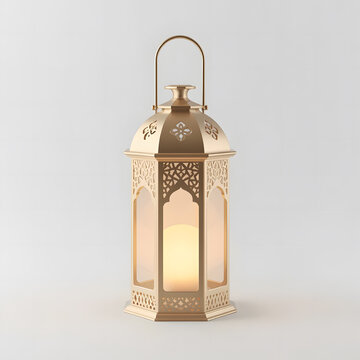 Muharram lantern 3D object on white plain background, modern Islamic lantern with soft golden glow and clean geometric details