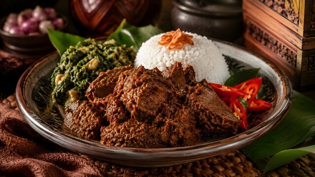 Authentic Indonesian beef rendang served with steamed rice and traditional side dishes on a rustic plate, captured in ultra realistic natural lighting for premium culinary and travel stock photography