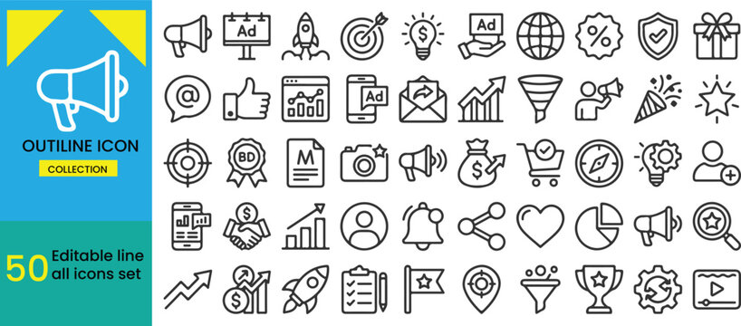Set of fifty hand drawn business and marketing outline icons for digital creative projects