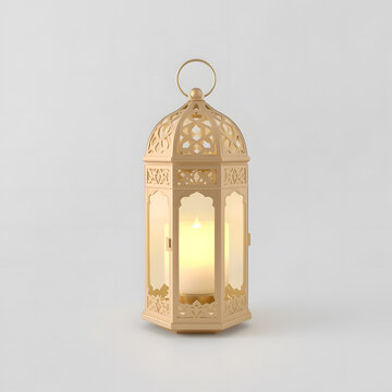 Muharram lantern 3D object on white plain background, modern Islamic lantern with soft golden glow and clean geometric details