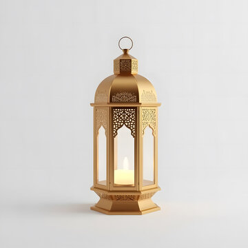 Muharram lantern 3D object on white plain background, modern Islamic lantern with soft golden glow and clean geometric details