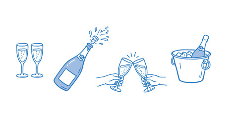 Champagne bottles flutes and ice bucket in a blue line illustration style © mdsaikat