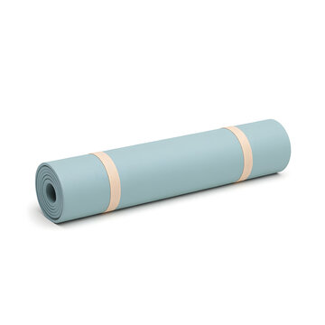 Rolled yoga mat 3D object on white plain background, modern pastel fitness mat with smooth texture and neatly secured carrying strap