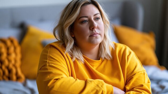 Pensive sad overweight obese woman sitting at her bedroom looking away very worried	
