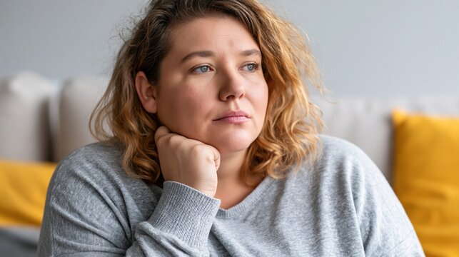 Pensive sad overweight obese woman sitting at her bedroom looking away very worried	
