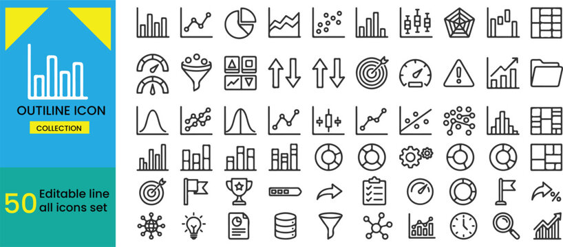Set of fifty hand drawn business data charts and financial analytics line icons for reports