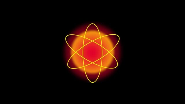 Glowing red and orange atom orbital icon with intersecting curved rings, representing energy, science or nuclear symbolism with a smooth glowing today