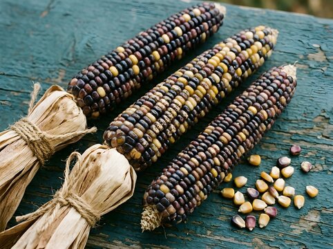 Freshly harvested multicolored corn cobs tied together. Colorful Indian maize with kernels in natural rustic setting. Organic farm produce for culi...