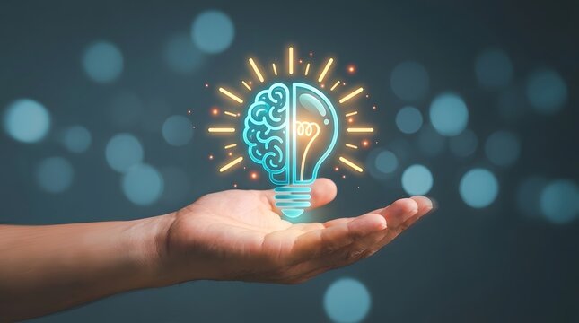 Hand holding glowing lightbulb with brain design. Creative idea concept with innovation and intelligence symbol. Professional problem-solving and s...