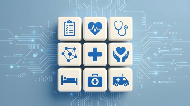Medical icons on wooden cubes for healthcare marketing. Set of doctor and hospital symbols on dice blocks. Professional medical concept for clinics...
