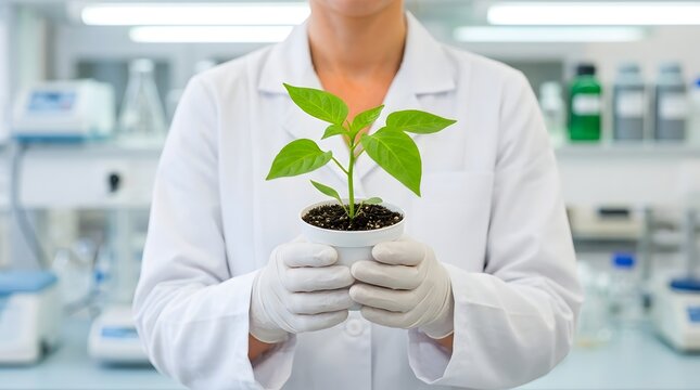 Scientist holding a young plant in soil. Researcher examining sustainable agriculture growth in hands. Professional studying eco-friendly biotechno...
