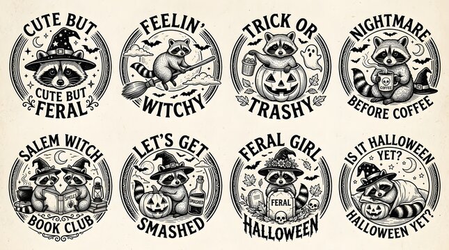 Set of vintage style raccoon halloween illustrations with funny quotes and witchy elements