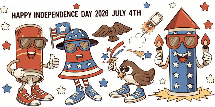 Cartoon Firecrackers Owl And Patriotic Elements Illustration With Red Background