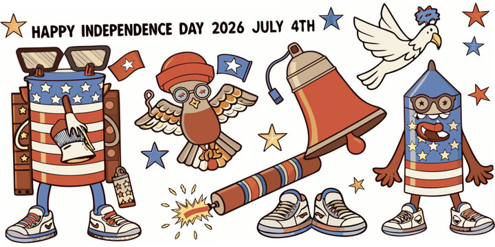 Cartoon Style Illustration Of Patriotic Symbols And Fourth Of July Elements