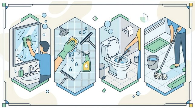 Bathroom cleaning service illustration showing mirror wiping toilet scrubbing and floor mopping.