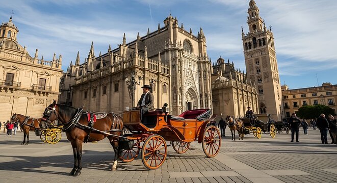 Horse drawn carriage in front of Seville Cathedral in Spain.