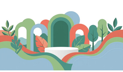 Obraz premium : Abstract Paper Cut Podium Platform with Nature and Geometric Shapes Product Banner Vector