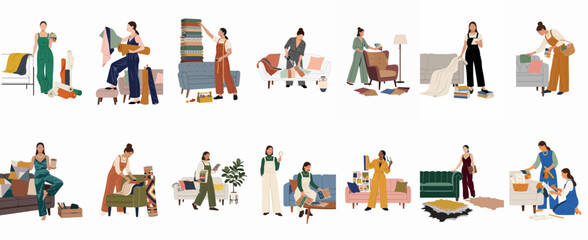 Fototapeta premium Diverse set of female interior designers and decorators working on various home styling projects with furniture, fabrics, and color palettes.