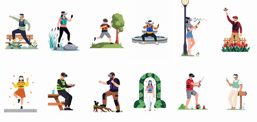 Fototapeta premium A collection of diverse people wearing VR headsets and haptic vests, experiencing immersive virtual reality in various outdoor settings and scenarios.