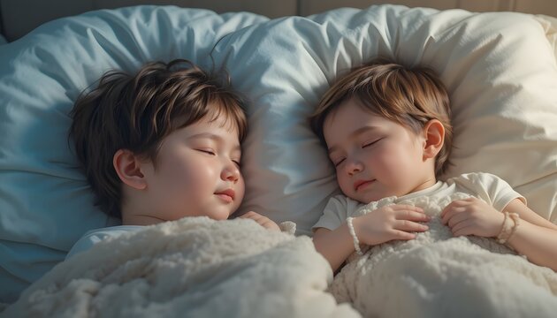 Two Young Siblings Sleeping Peacefully in Bed
