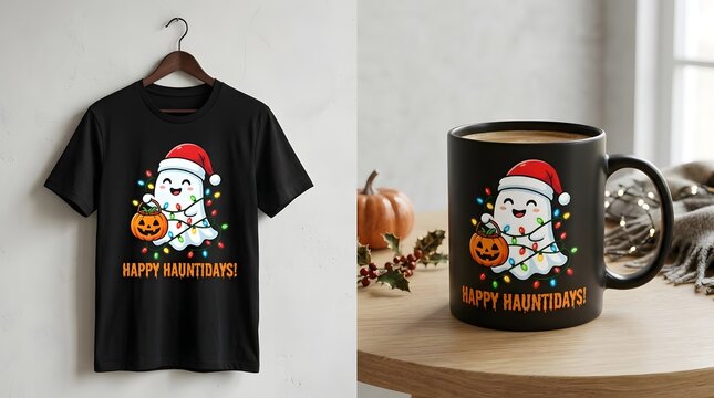 Happy hauntidays ghost with pumpkin and christmas lights tshirt and mug design