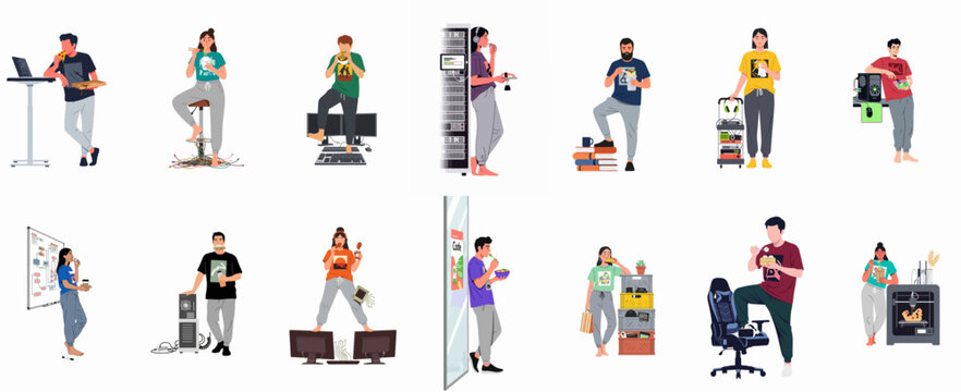 A collection of diverse flat vector characters representing IT professionals and software developers eating snacks while working with computers and hardware.