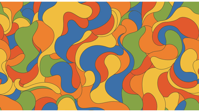 Vibrant retro psychedelic seamless pattern with swirling organic shapes in yellow, orange, red, green, and blue, evoking a groovy 60s 70s aesthetic.