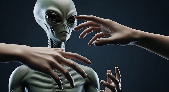 Human hands reaching out to touch a mysterious extraterrestrial alien being.