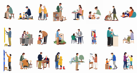 Fototapeta premium Comprehensive collection of flat vector illustrations showing caregivers, social workers, and families assisting elderly people and children in diverse daily life activities.