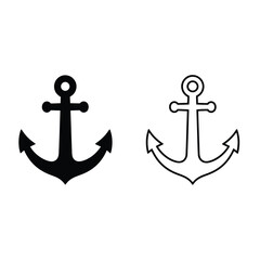 Anchor Marine Boat Symbol Set with Solid Black Fill and Outline Versions for Seafaring Design © Hridoy