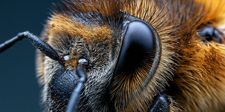Close-up of a bee's head with detailed fur texture
